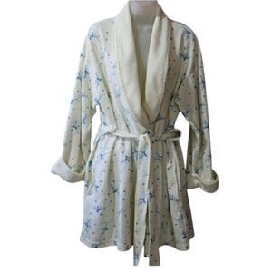 Vanity Fair Waffle Knit Cream & Blue Floral Robe | Vintage Large Cotton Blend